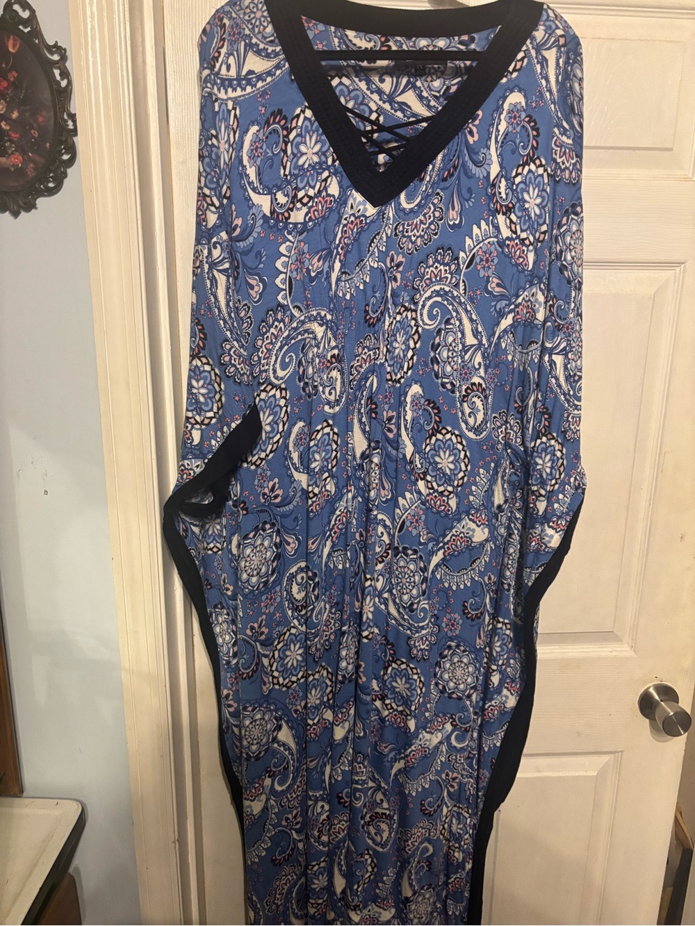 Ellen Tracy Blue Paisley V-Neck Maxi with Black Trim Accents